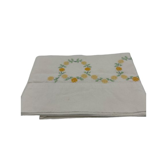 Vintage Yellow Embroidered Cross Stitch Pillow Cases Floral Circles "Hers" - Picture 2 of 6